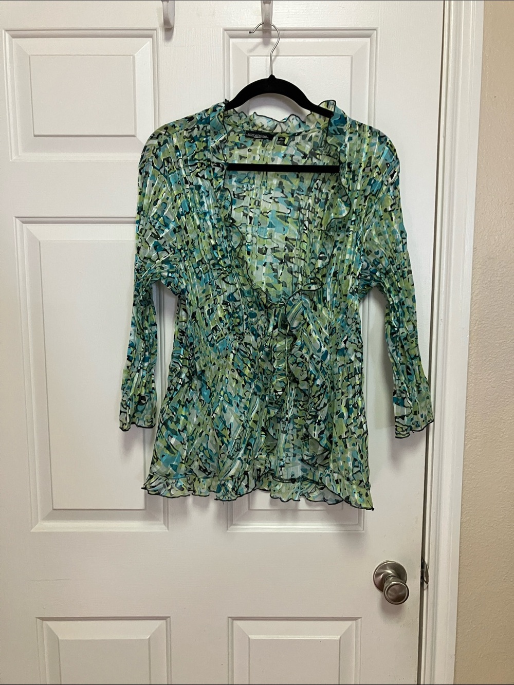 Sheer Green Patterned Ruffle V-Neck Open Tie Front Women's Cardigan Size 1X